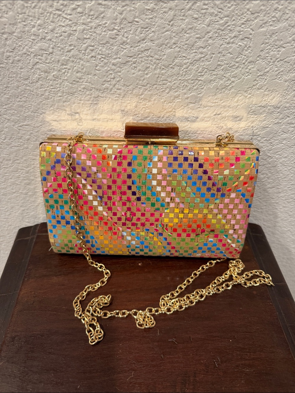 Sondra Roberts Gold Multicolor Mosaic Evening Clutch with Chain
